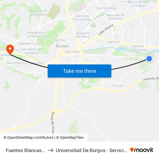 Fuentes Blancas Parque to Universidad De Burgos - Servicios Centrales map