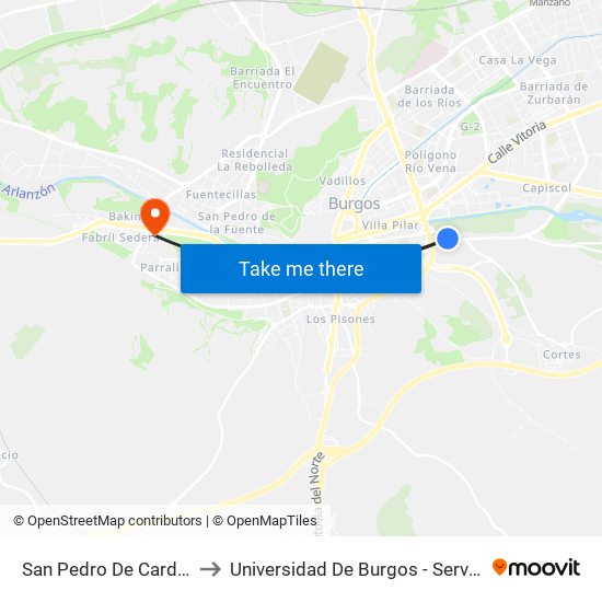San Pedro De Cardeña Dª Sol to Universidad De Burgos - Servicios Centrales map