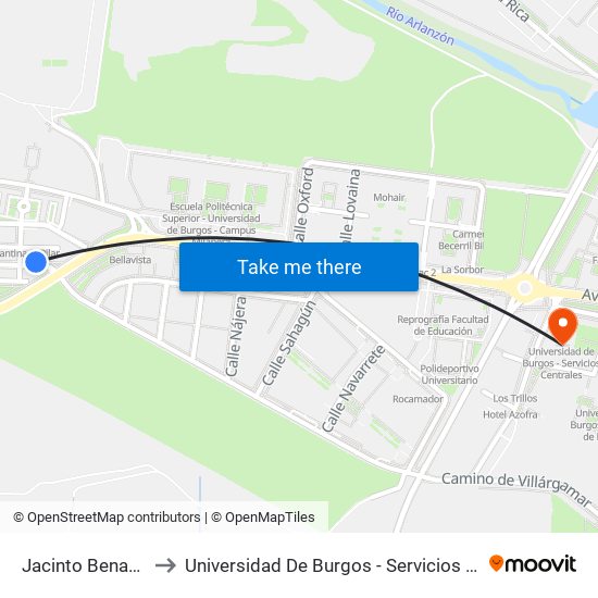 Jacinto Benavente to Universidad De Burgos - Servicios Centrales map