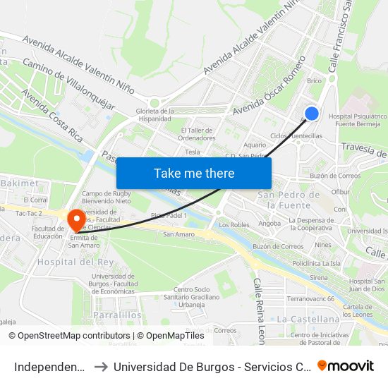 Independencia 5 to Universidad De Burgos - Servicios Centrales map