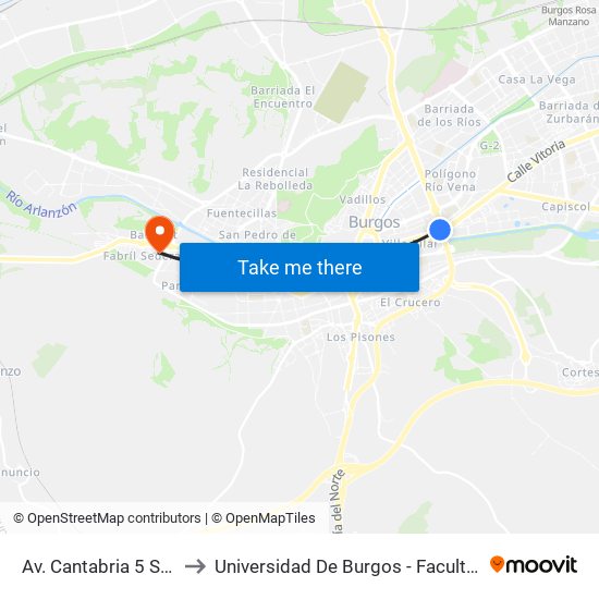 Avenida De Cantabria 5 to Universidad De Burgos - Facultad De Educación map