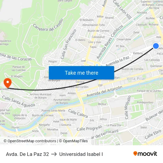 Avda. De La Paz 32 to Universidad Isabel I map