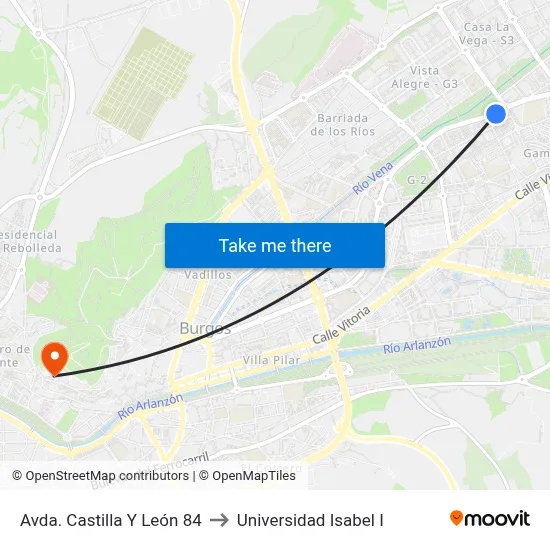 Avda. Castilla Y León 84 to Universidad Isabel I map
