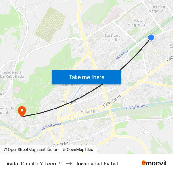 Avda. Castilla Y León 70 to Universidad Isabel I map