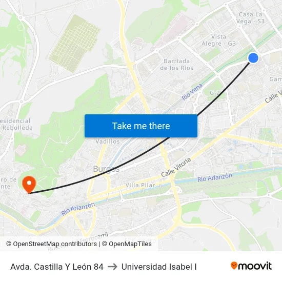 Avda. Castilla Y León 84 to Universidad Isabel I map