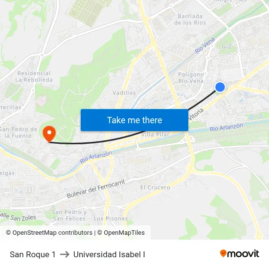 San Roque 1 to Universidad Isabel I map