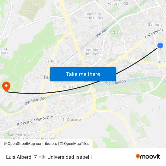 Luis Alberdi 7 to Universidad Isabel I map