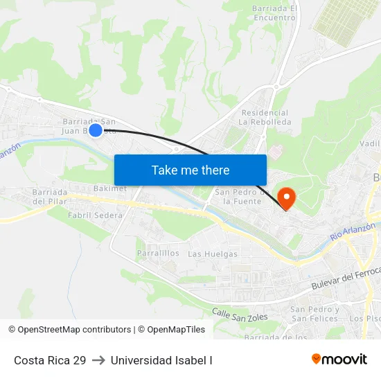 Costa Rica 29 to Universidad Isabel I map