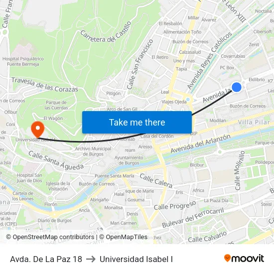 Avda. De La Paz 18 to Universidad Isabel I map