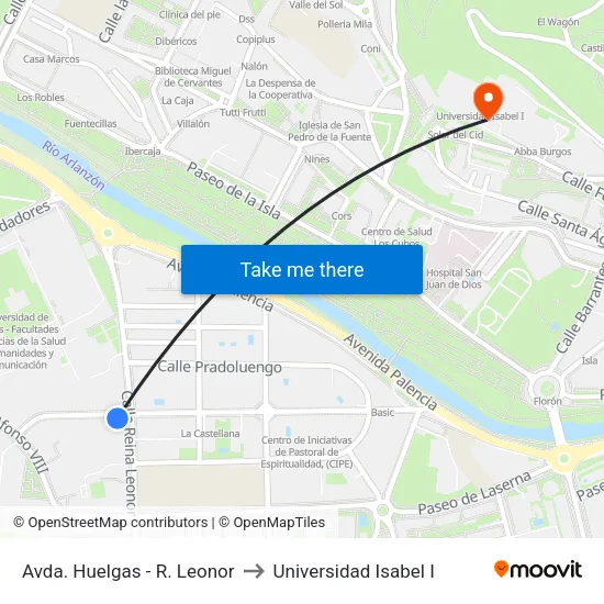 Avda.  Huelgas - R. Leonor to Universidad Isabel I map