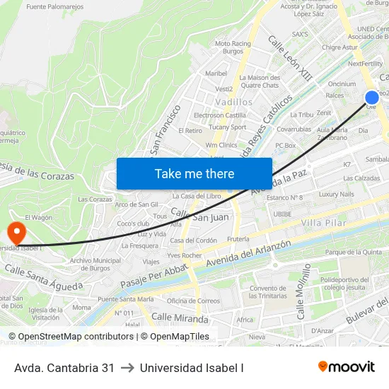 Avda. Cantabria 31 to Universidad Isabel I map
