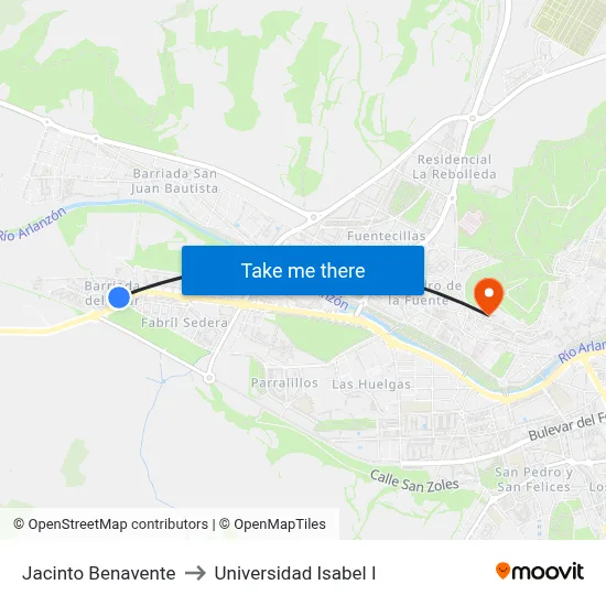 Jacinto Benavente to Universidad Isabel I map