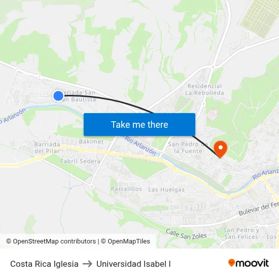 Costa Rica Iglesia to Universidad Isabel I map