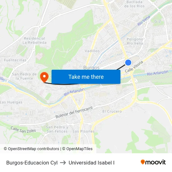 Burgos-Educacion Cyl to Universidad Isabel I map