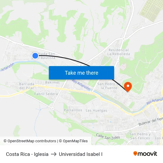 Costa Rica - Iglesia to Universidad Isabel I map