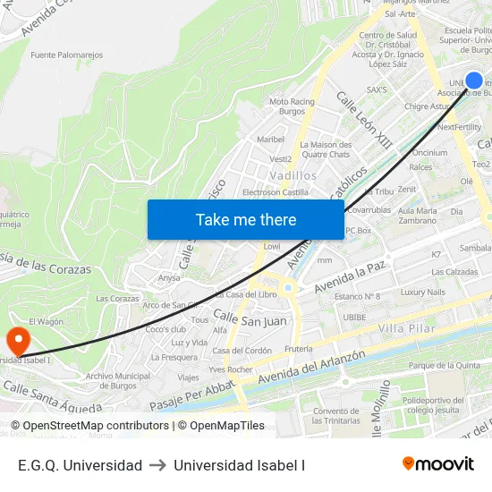 E.G.Q. Universidad to Universidad Isabel I map