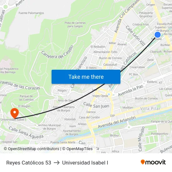 Reyes Católicos 53 to Universidad Isabel I map