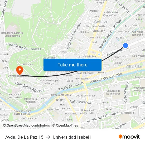 Avda. De La Paz 15 to Universidad Isabel I map