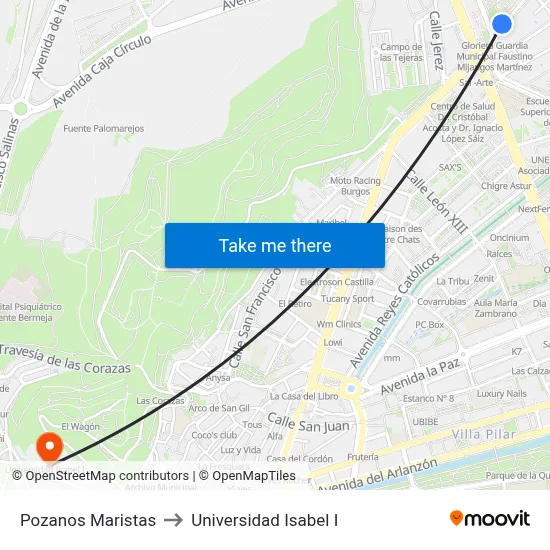 Pozanos Maristas to Universidad Isabel I map