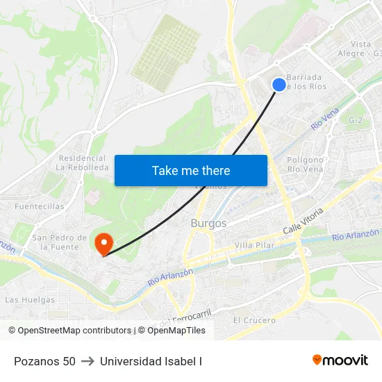 Pozanos 50 to Universidad Isabel I map