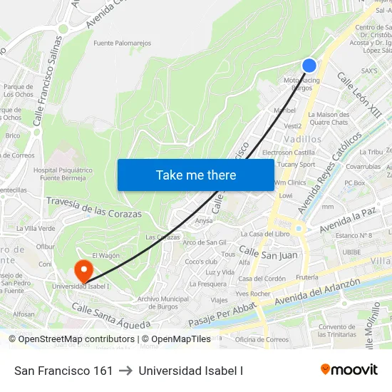 San Francisco 161 to Universidad Isabel I map
