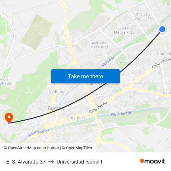 E. S. Alvarado 37 to Universidad Isabel I map