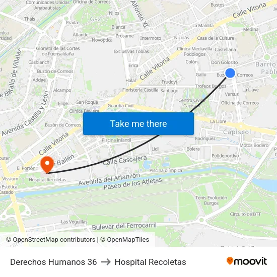 Derechos Humanos 36 to Hospital Recoletas map