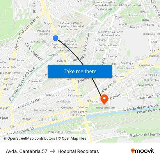 Avda. Cantabria 57 to Hospital Recoletas map