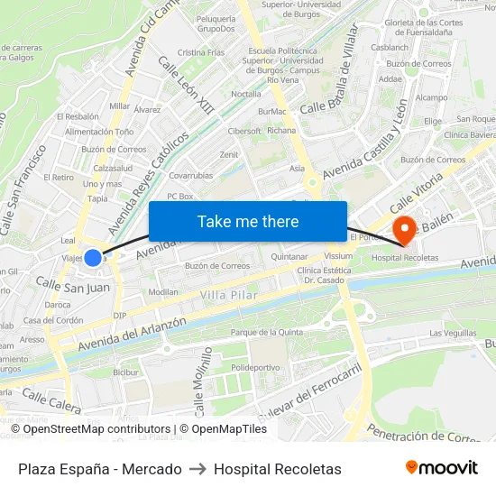 Plaza España - Mercado to Hospital Recoletas map