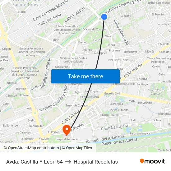 Avda. Castilla Y León 54 to Hospital Recoletas map