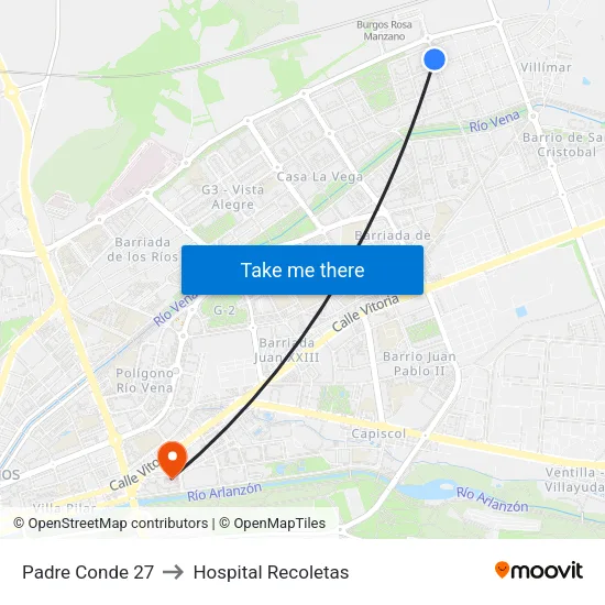 Padre Conde 27 to Hospital Recoletas map