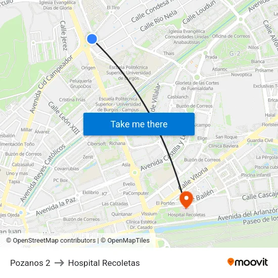 Pozanos 2 to Hospital Recoletas map