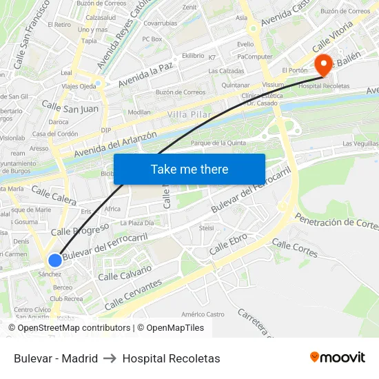 Bulevar - Madrid to Hospital Recoletas map