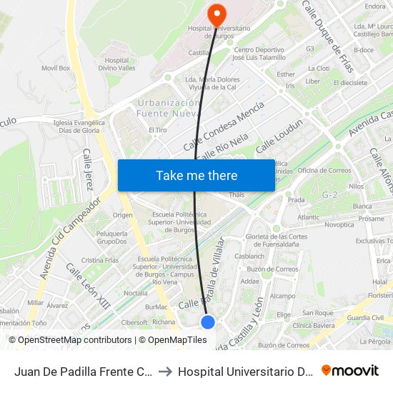 Juan De Padilla Frente Comisaría to Hospital Universitario De Burgos map