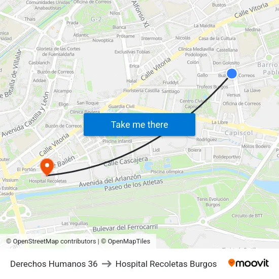 Derechos Humanos 36 to Hospital Recoletas Burgos map
