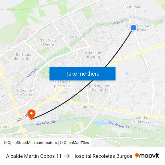 Alcalde Martín Cobos 11 to Hospital Recoletas Burgos map