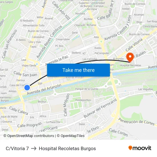 C/Vitoria 7 to Hospital Recoletas Burgos map