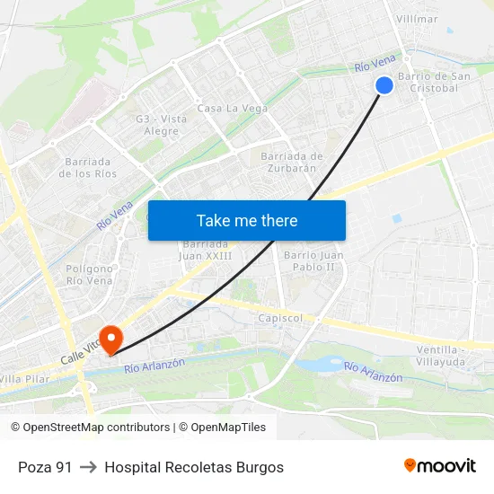 Poza 91 to Hospital Recoletas Burgos map