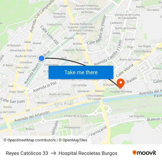 Reyes Católicos 33 to Hospital Recoletas Burgos map
