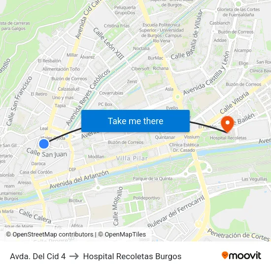 Avda. Del Cid 4 to Hospital Recoletas Burgos map