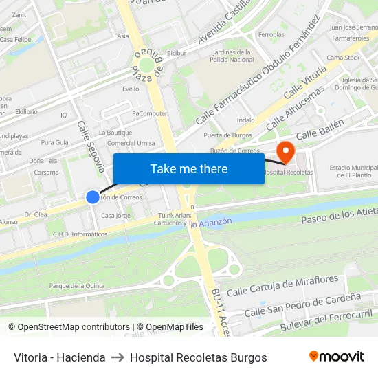 Vitoria - Hacienda to Hospital Recoletas Burgos map