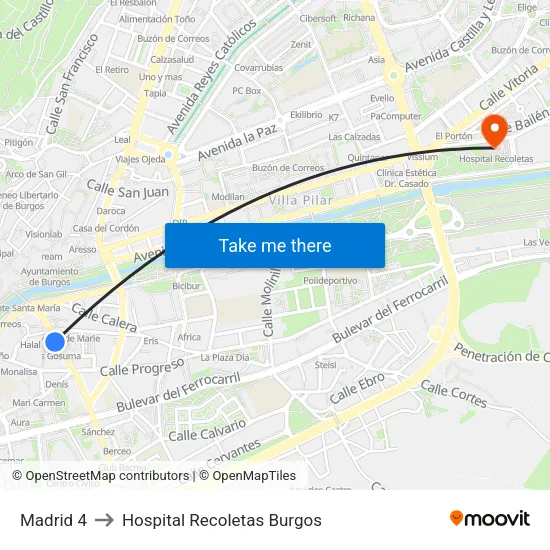 Madrid 4 to Hospital Recoletas Burgos map