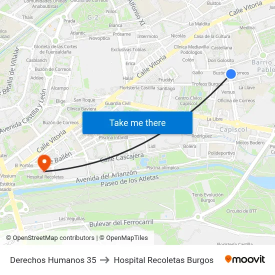 Derechos Humanos 35 to Hospital Recoletas Burgos map
