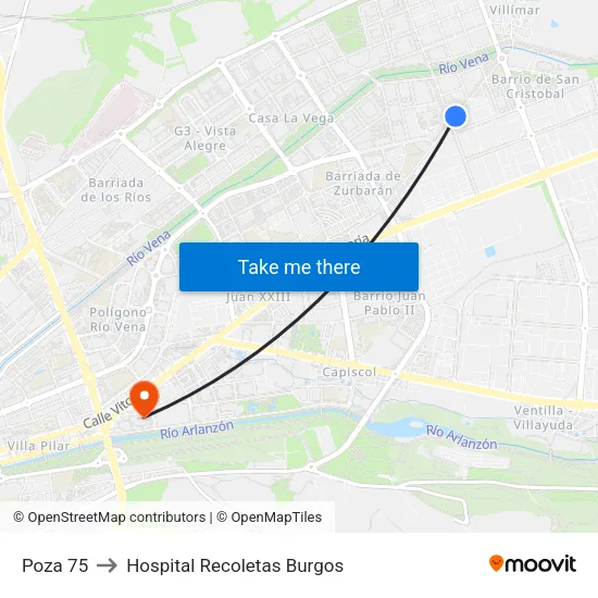 Poza 75 to Hospital Recoletas Burgos map
