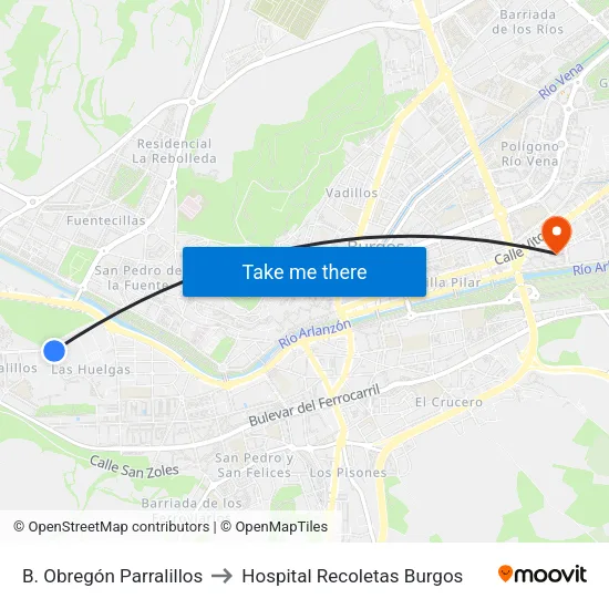 B. Obregón Parralillos to Hospital Recoletas Burgos map