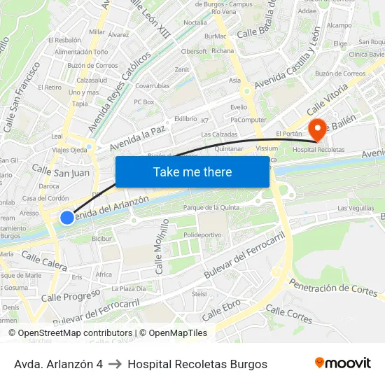 Avda. Arlanzón 4 to Hospital Recoletas Burgos map