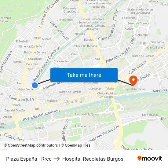 Plaza España - Rrcc to Hospital Recoletas Burgos map