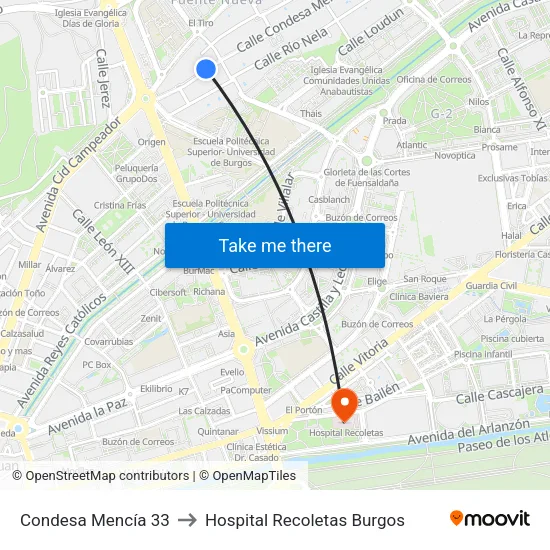 Condesa Mencía 33 to Hospital Recoletas Burgos map
