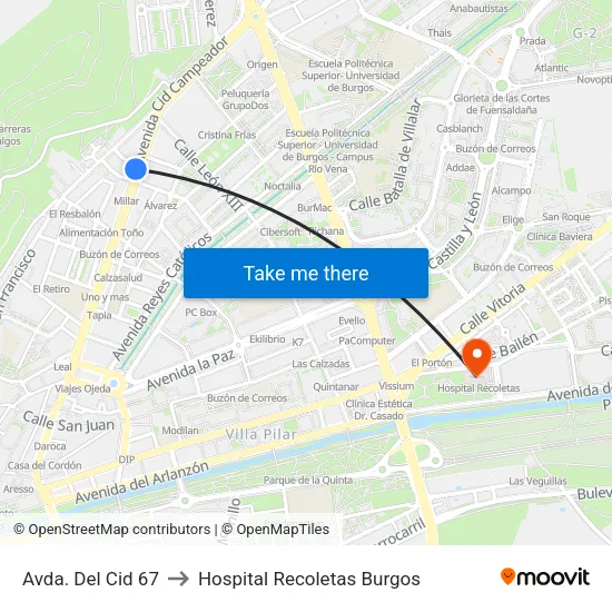 Avda. Del Cid 67 to Hospital Recoletas Burgos map