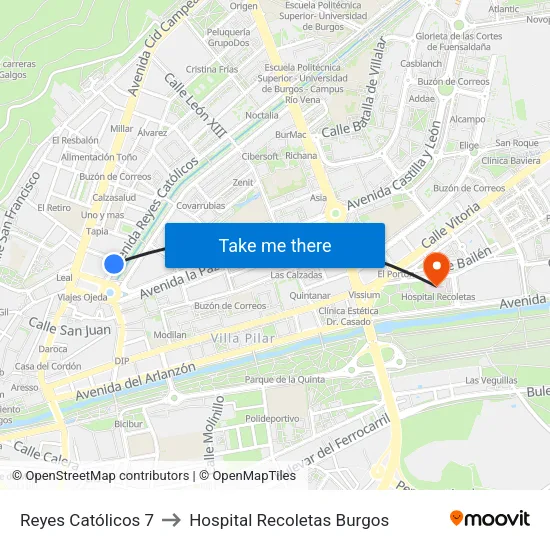 Reyes Católicos 7 to Hospital Recoletas Burgos map